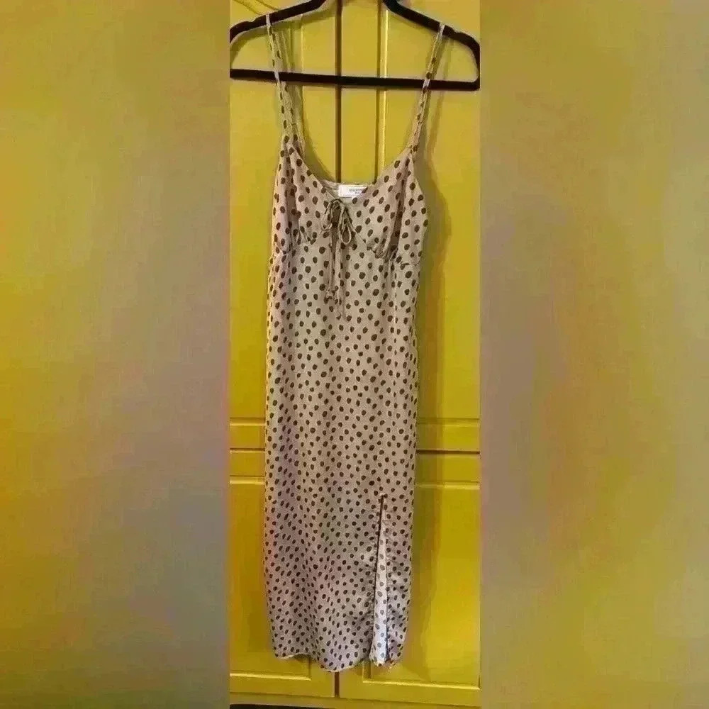 No Comment M  Adustable Spaghetti Strap Slit Front Bow Midi Slip Dress 90’s Y2K